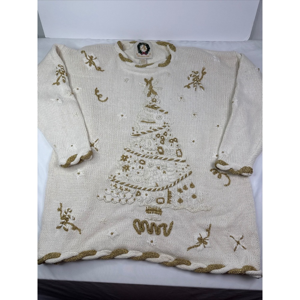 Vintage AK Christmas 1994 Sweater Womens 14/16 Cream Gold Metallic Tree Knit